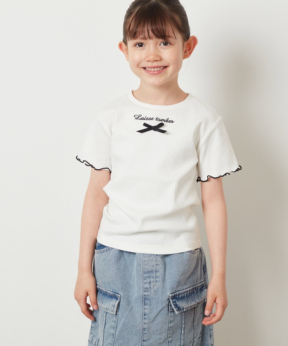 KJKGV12029 a.v.v KIDS(アー・ヴェ・ヴェ) [100-130]ロゴ刺繍入りプチリボンカットソー ホワイト