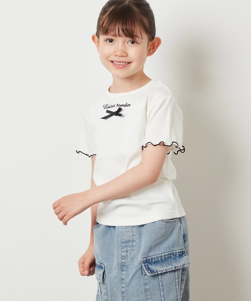 KJKGV12029 a.v.v KIDS(アー・ヴェ・ヴェ) [100-130]ロゴ刺繍入りプチリボンカットソー ホワイト