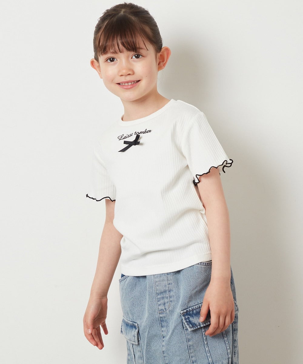 KJKGV12029 a.v.v KIDS(アー・ヴェ・ヴェ) [100-130]ロゴ刺繍入りプチリボンカットソー ホワイト