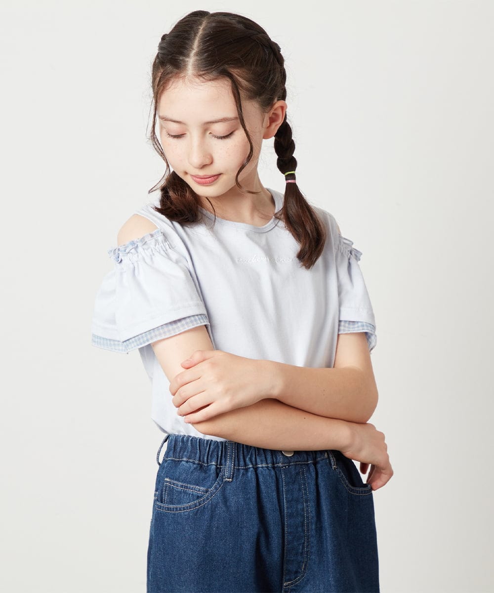 KJKGW04024 a.v.v KIDS(アー・ヴェ・ヴェ) [140-150]オフショルフリルスリーブカットソー ライトブルー