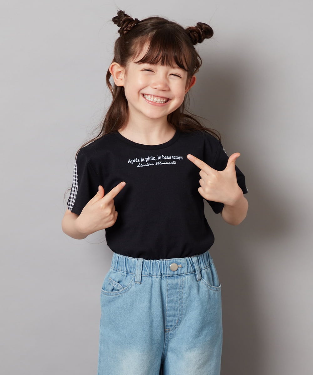 KJKGW08014 a.v.v KIDS(アー・ヴェ・ヴェ) [140-150]ギンガムスリーブﾞTシャツ ブラック