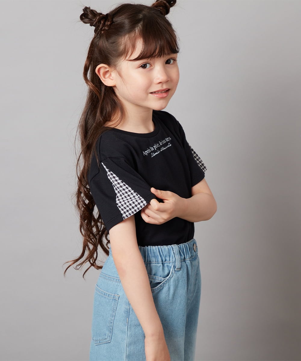 KJKGW08014 a.v.v KIDS(アー・ヴェ・ヴェ) [140-150]ギンガムスリーブﾞTシャツ ブラック