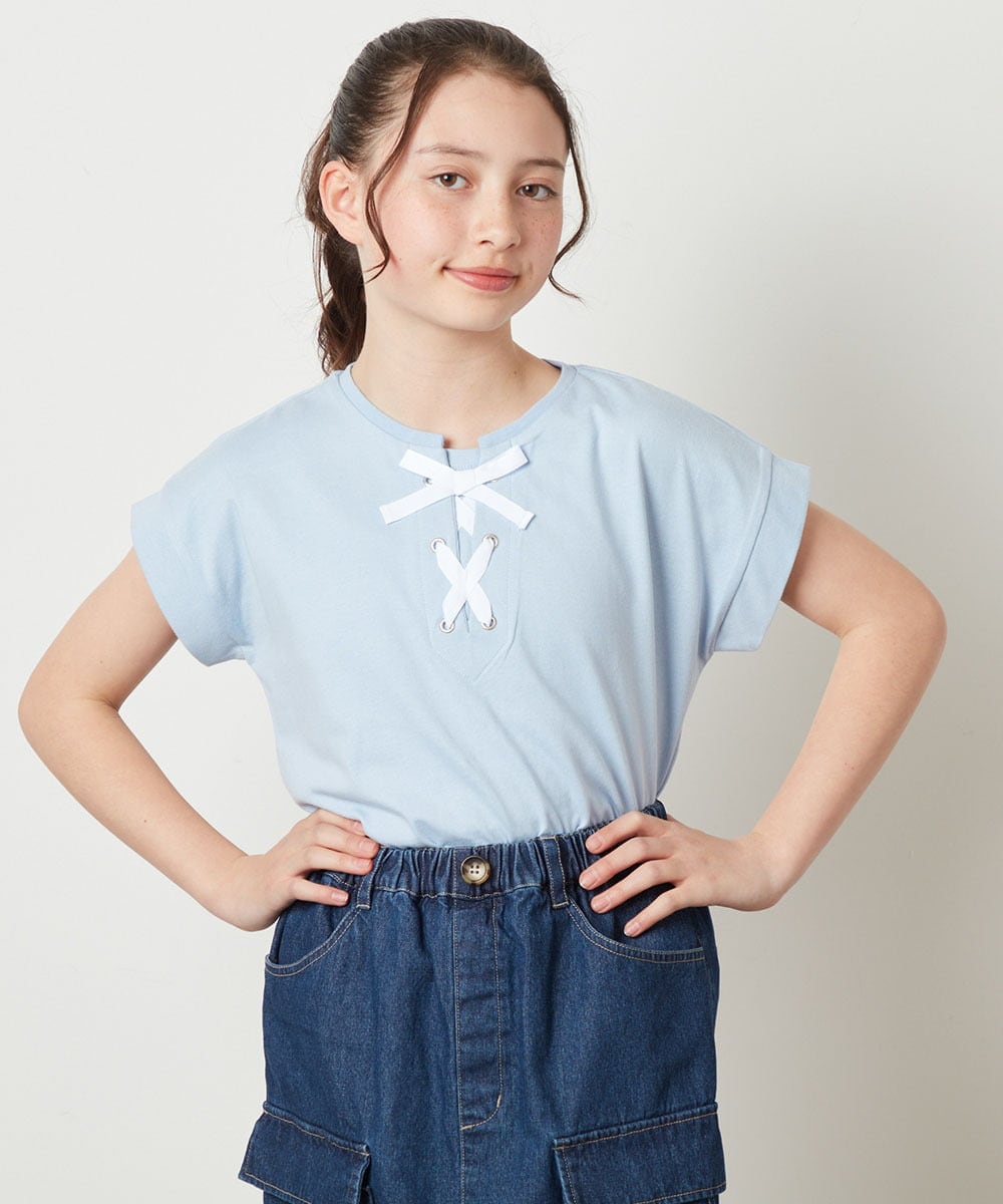 KJKGW10024 a.v.v KIDS(アー・ヴェ・ヴェ) [140-150]フロントレースUPTシャツ ライトブルー