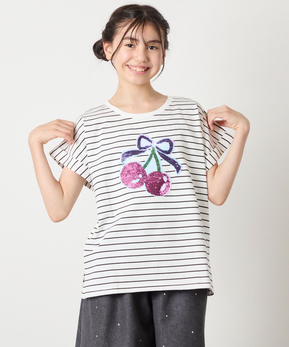 KJKHA20024 a.v.v KIDS(アー・ヴェ・ヴェ) [100-150]【接触冷感】スパンコールモチーフＴシャツ アイボリー
