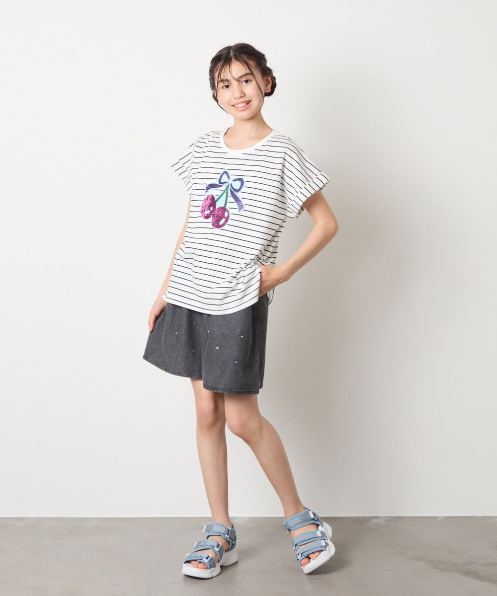 KJKHA20024 a.v.v KIDS(アー・ヴェ・ヴェ) [100-150]【接触冷感】スパンコールモチーフＴシャツ アイボリー