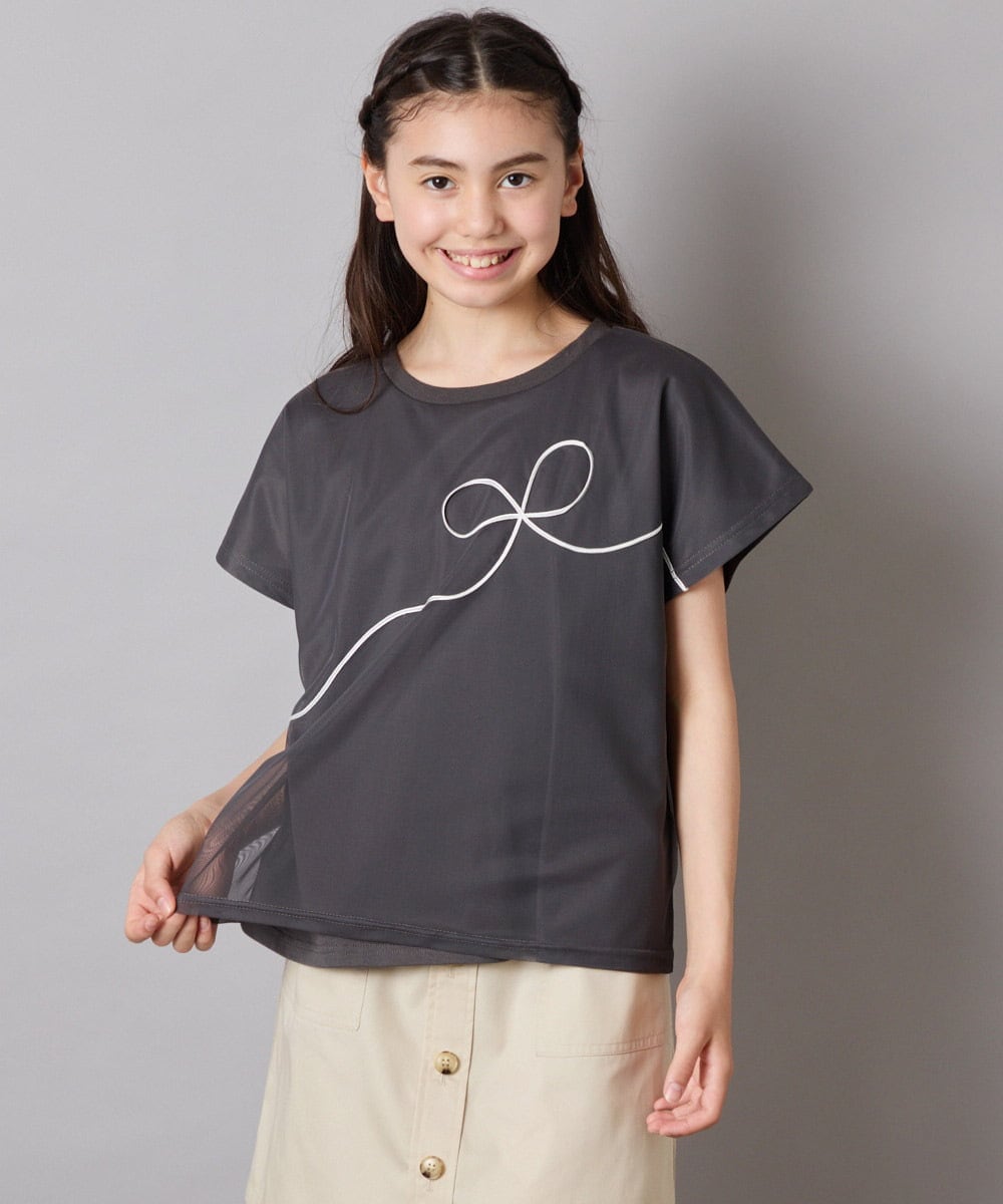 KJKHA23034 a.v.v KIDS(アー・ヴェ・ヴェ) [100-160]【接触冷感】リボンテープチュールドッキングTシャツ ホワイト