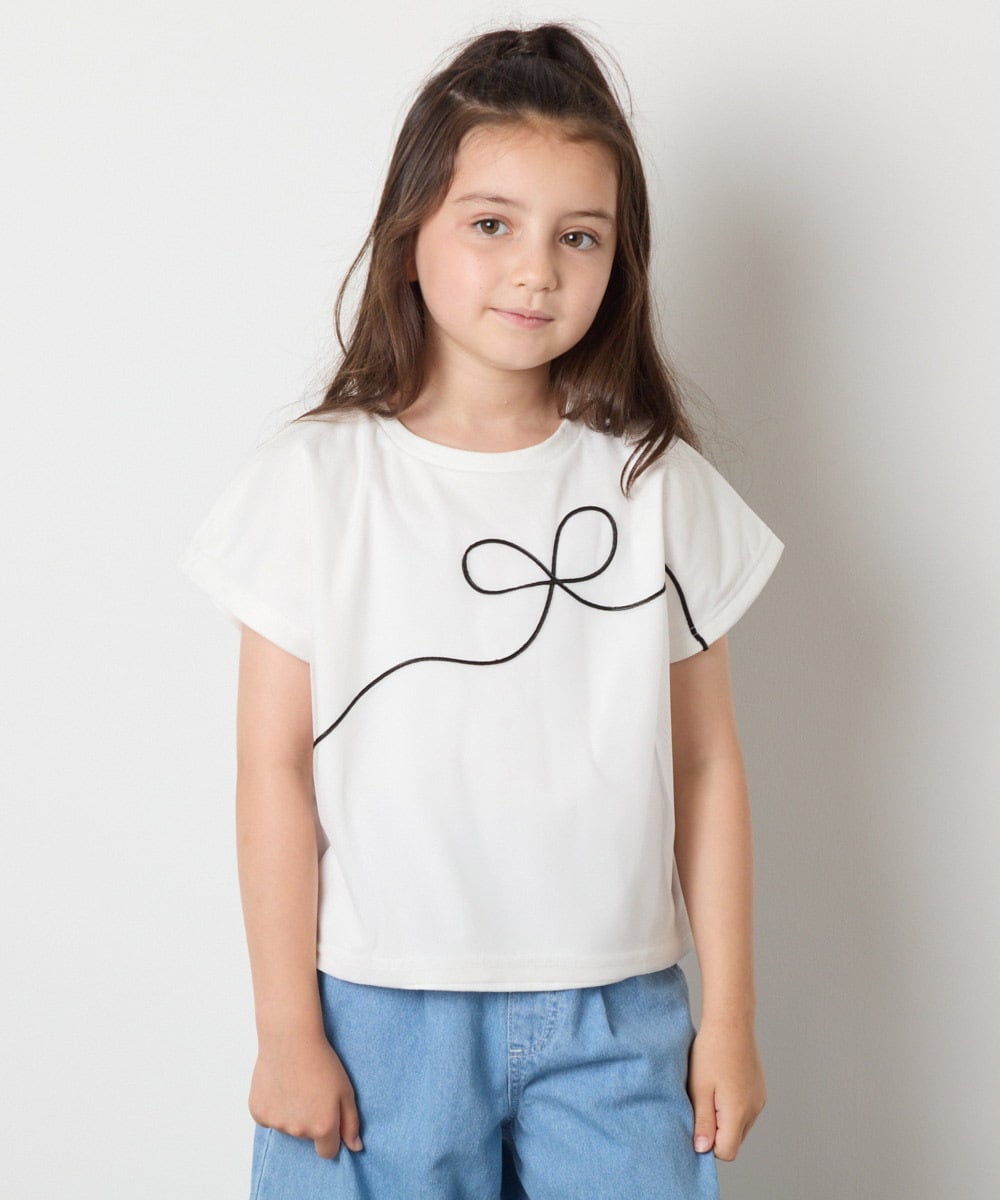 KJKHA23034 a.v.v KIDS(アー・ヴェ・ヴェ) [100-160]【接触冷感】リボンテープチュールドッキングTシャツ ホワイト