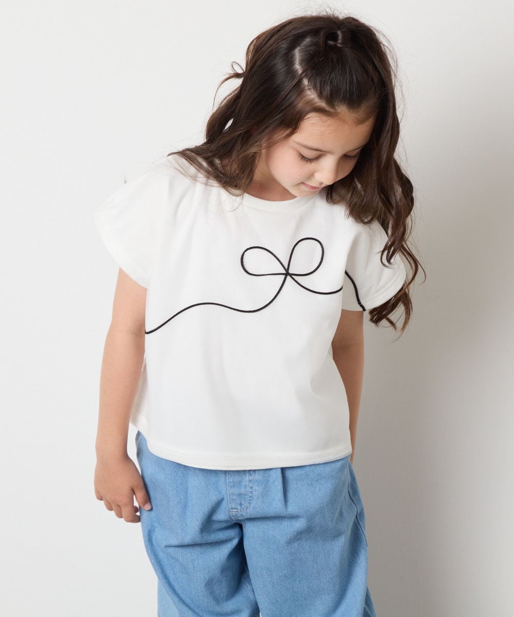 KJKHA23034 a.v.v KIDS(アー・ヴェ・ヴェ) [100-160]【接触冷感】リボンテープチュールドッキングTシャツ ホワイト