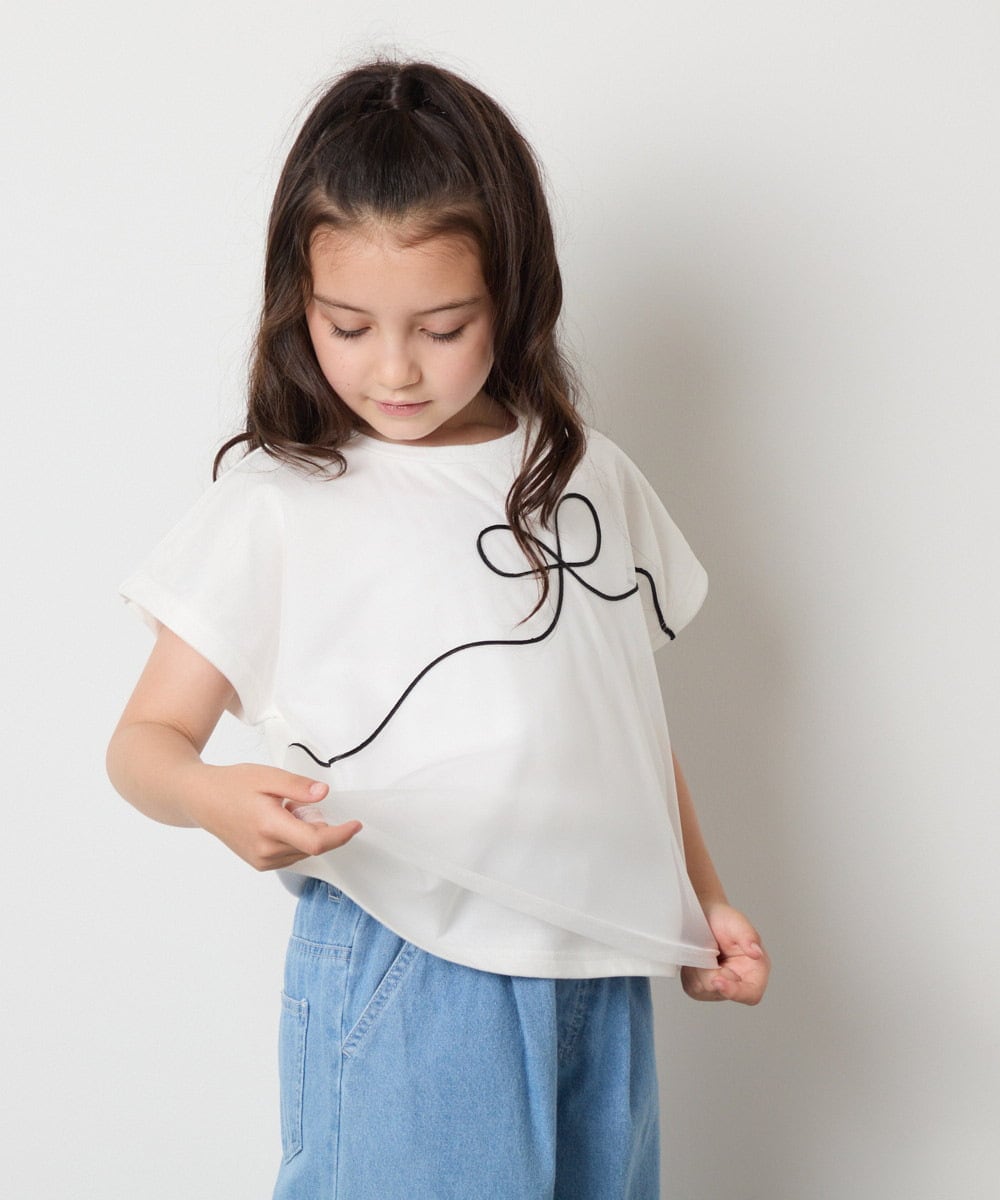 KJKHA23034 a.v.v KIDS(アー・ヴェ・ヴェ) [100-160]【接触冷感】リボンテープチュールドッキングTシャツ ホワイト