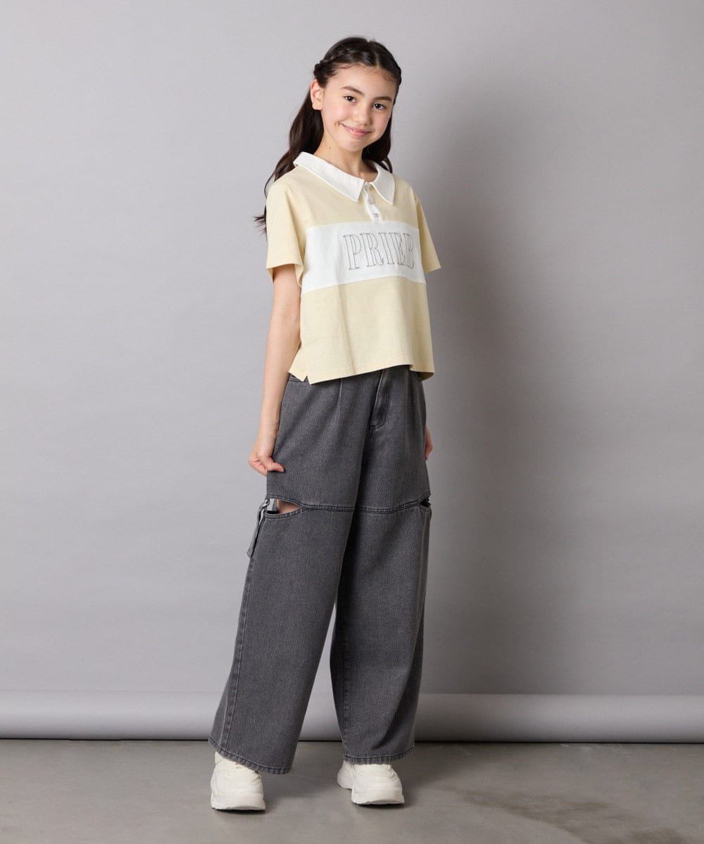 KJKHA25034 a.v.v KIDS(アー・ヴェ・ヴェ) [130-160]【接触冷感】えり付き切替ロゴTシャツ ライトイエロー