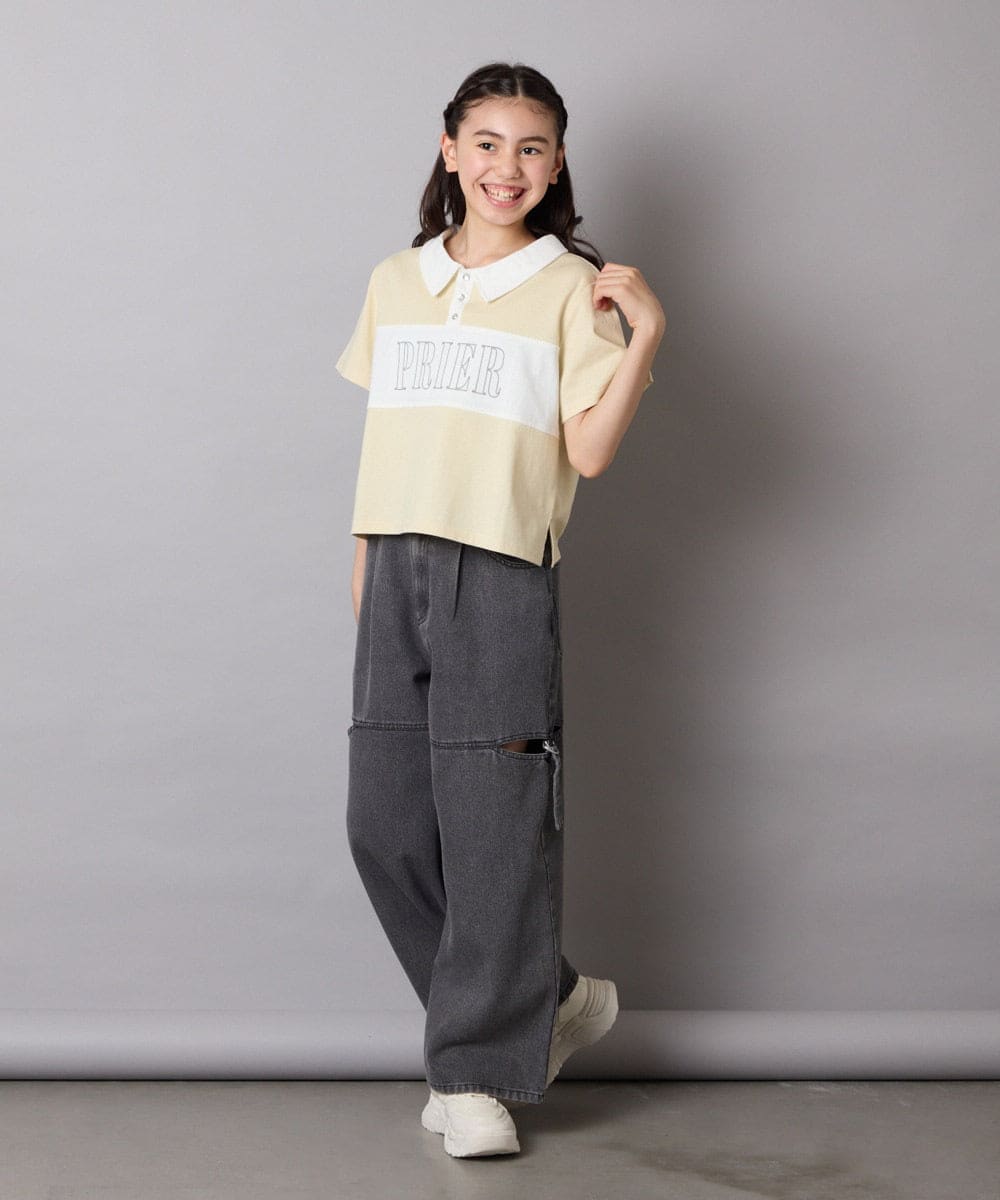 KJKHA25034 a.v.v KIDS(アー・ヴェ・ヴェ) [130-160]【接触冷感】えり付き切替ロゴTシャツ ライトイエロー