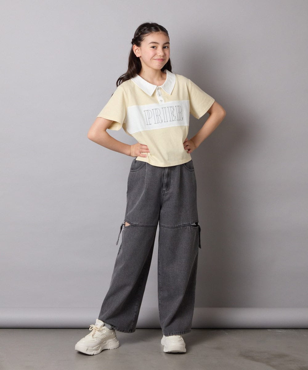 KJKHA25034 a.v.v KIDS(アー・ヴェ・ヴェ) [130-160]【接触冷感】えり付き切替ロゴTシャツ ライトイエロー