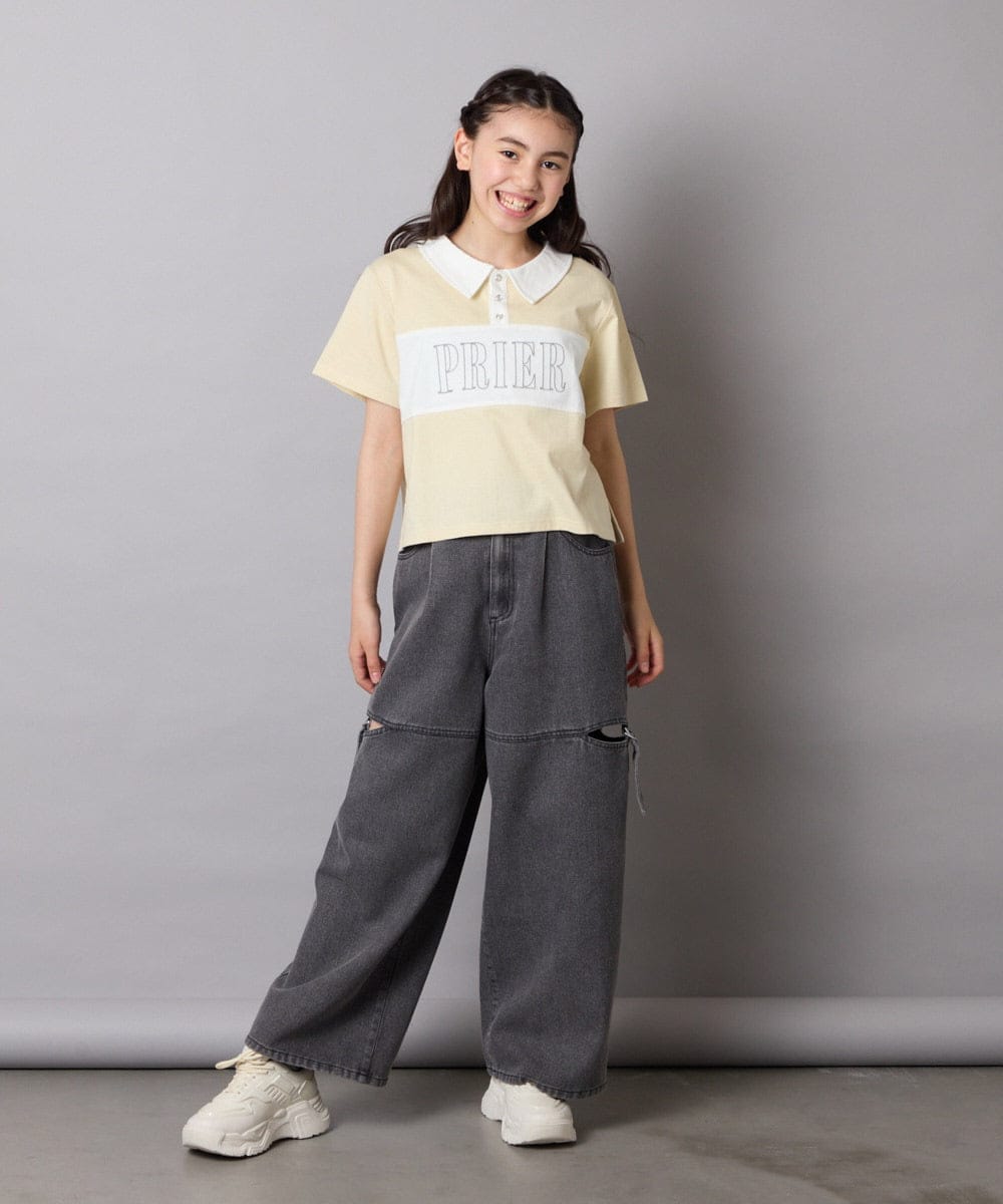 KJKHA25034 a.v.v KIDS(アー・ヴェ・ヴェ) [130-160]【接触冷感】えり付き切替ロゴTシャツ ライトイエロー