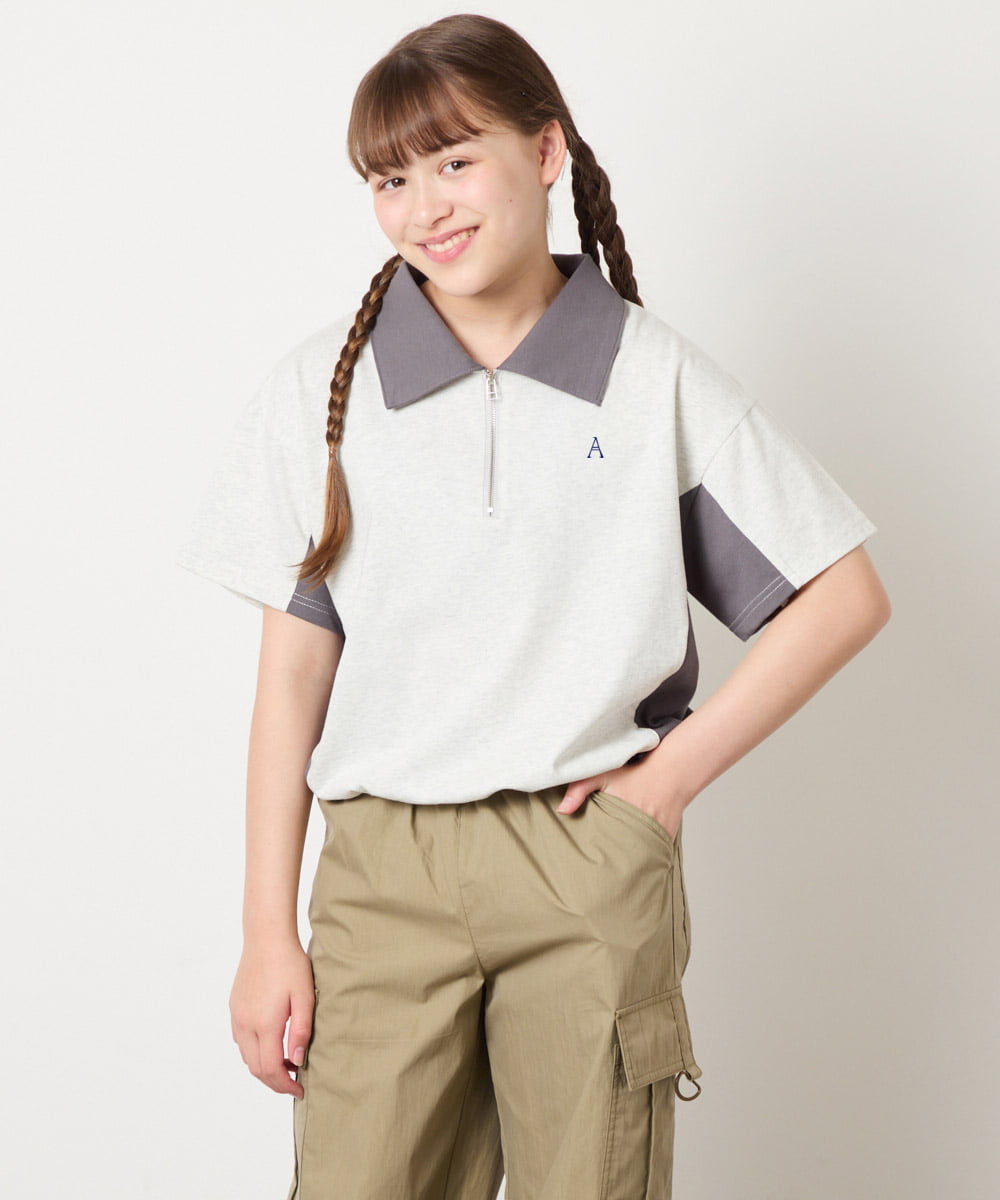 KJKHD90035 a.v.v KIDS(アー・ヴェ・ヴェ) [140-150]【男女兼用】襟付きバイカラーハーフジップ ライトグレー