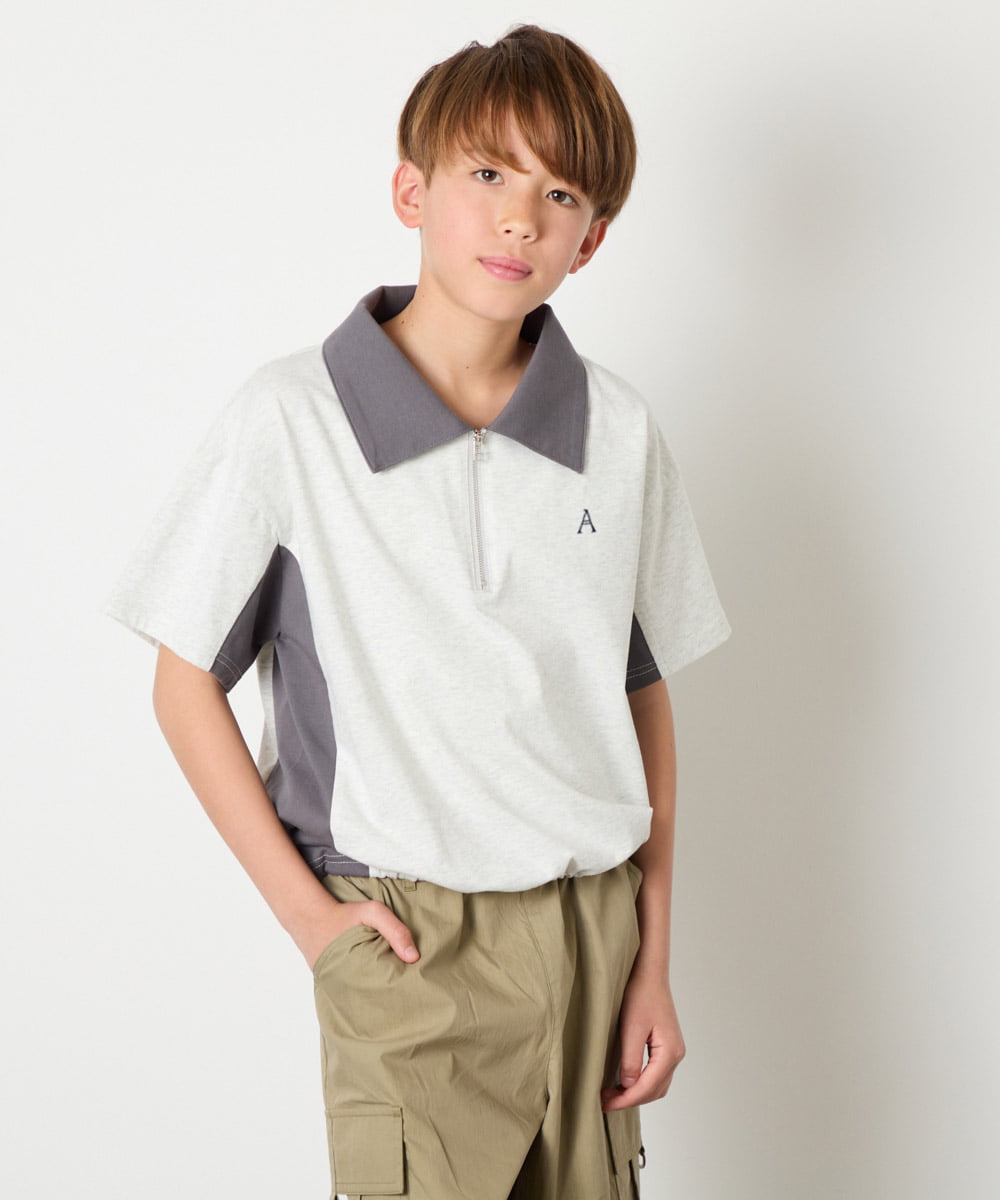 KJKHD90035 a.v.v KIDS(アー・ヴェ・ヴェ) [140-150]【男女兼用】襟付きバイカラーハーフジップ ライトグレー