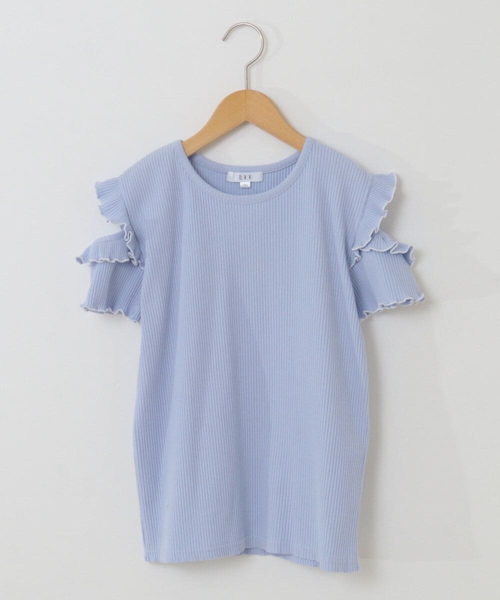 KJKHP30019 a.v.v KIDS(アー・ヴェ・ヴェ) [100-130]袖フリルテレコオープンショルダーTシャツ ライトブルー