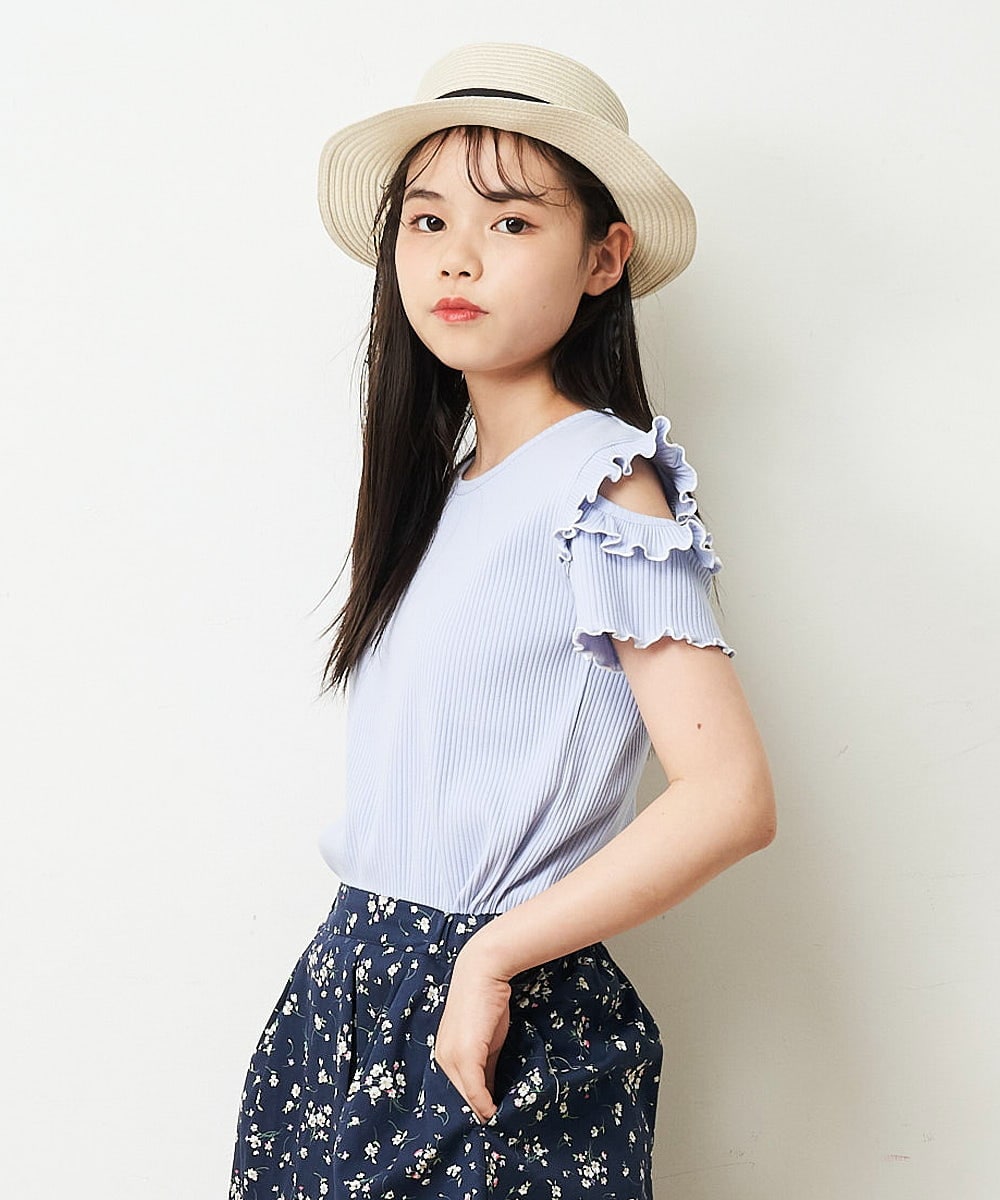 KJKHP30019 a.v.v KIDS(アー・ヴェ・ヴェ) [100-130]袖フリルテレコオープンショルダーTシャツ ホワイト