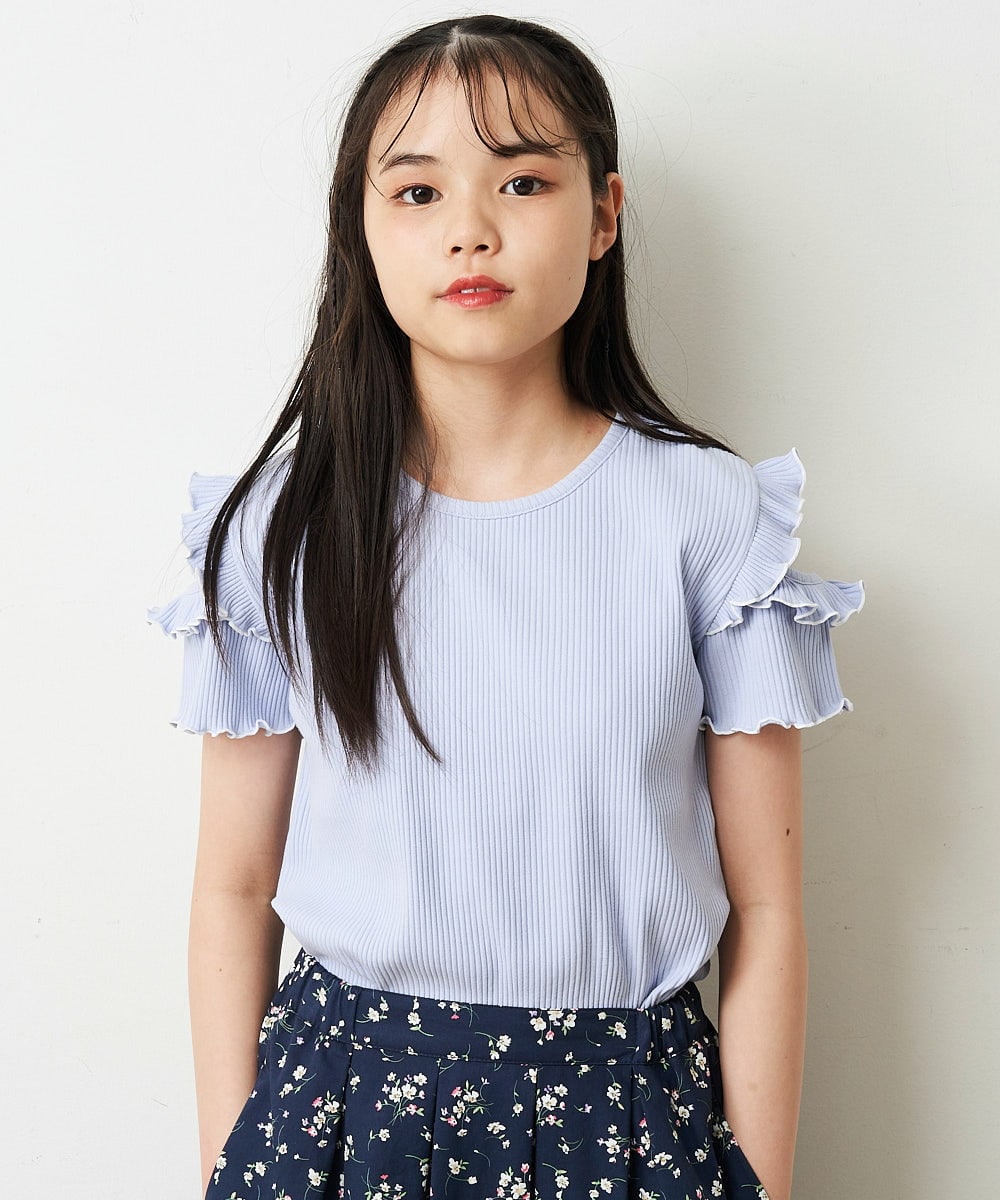 KJKHP30019 a.v.v KIDS(アー・ヴェ・ヴェ) [100-130]袖フリルテレコオープンショルダーTシャツ ホワイト