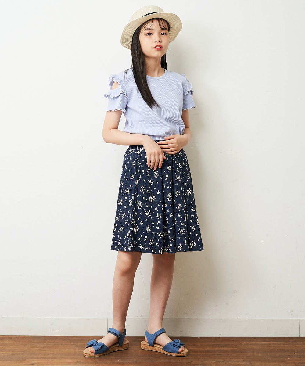 KJKHP30019 a.v.v KIDS(アー・ヴェ・ヴェ) [100-130]袖フリルテレコオープンショルダーTシャツ ホワイト