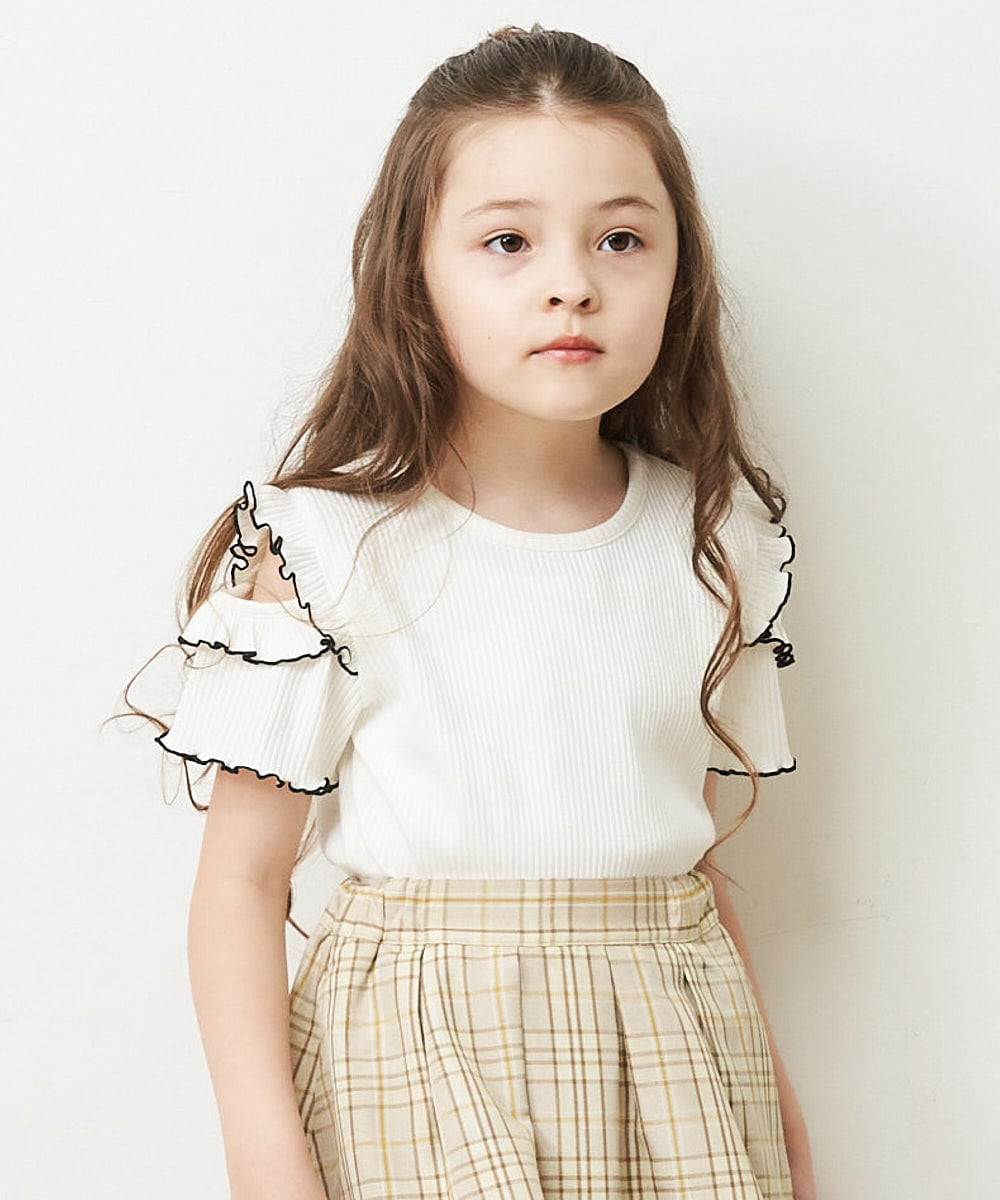KJKHP30019 a.v.v KIDS(アー・ヴェ・ヴェ) [100-130]袖フリルテレコオープンショルダーTシャツ ホワイト