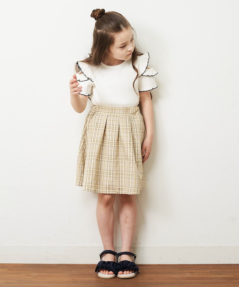 KJKHP30019 a.v.v KIDS(アー・ヴェ・ヴェ) [100-130]袖フリルテレコオープンショルダーTシャツ ホワイト
