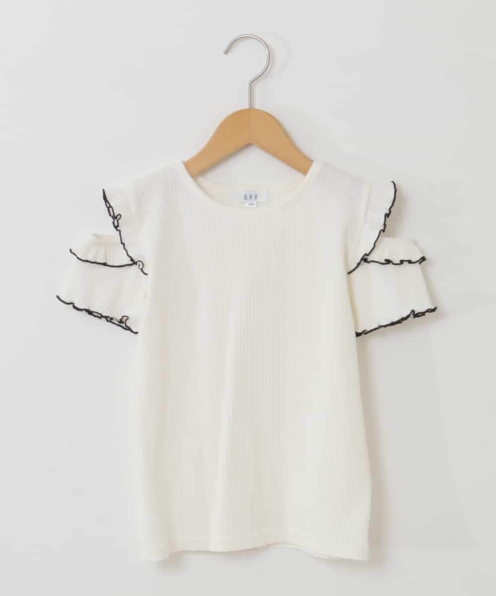 KJKHP30019 a.v.v KIDS(アー・ヴェ・ヴェ) [100-130]袖フリルテレコオープンショルダーTシャツ ホワイト