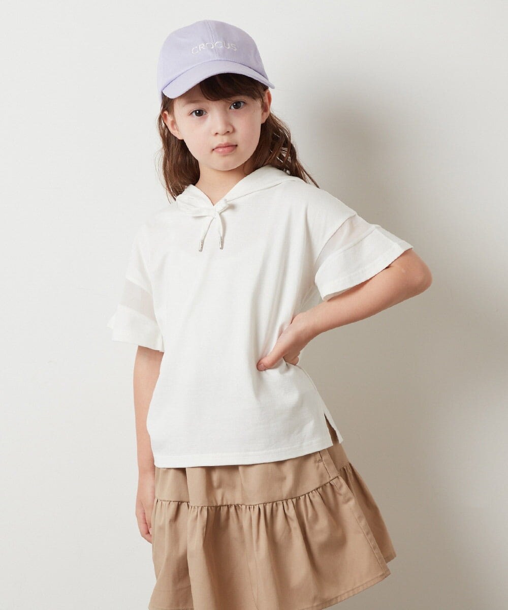 KJKHS21019 a.v.v KIDS(アー・ヴェ・ヴェ) [100-130]袖シアーフーディTシャツ ホワイト