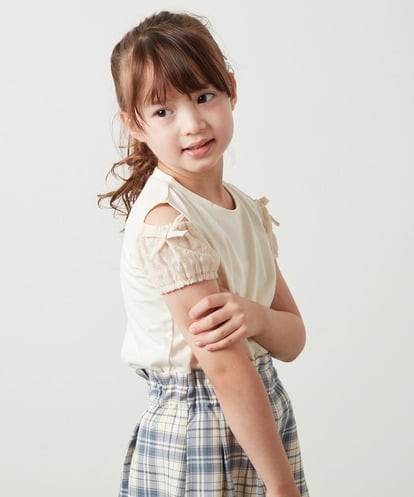 KJKHS25019 a.v.v KIDS [100-130]袖シアーオフショルＴシャツ