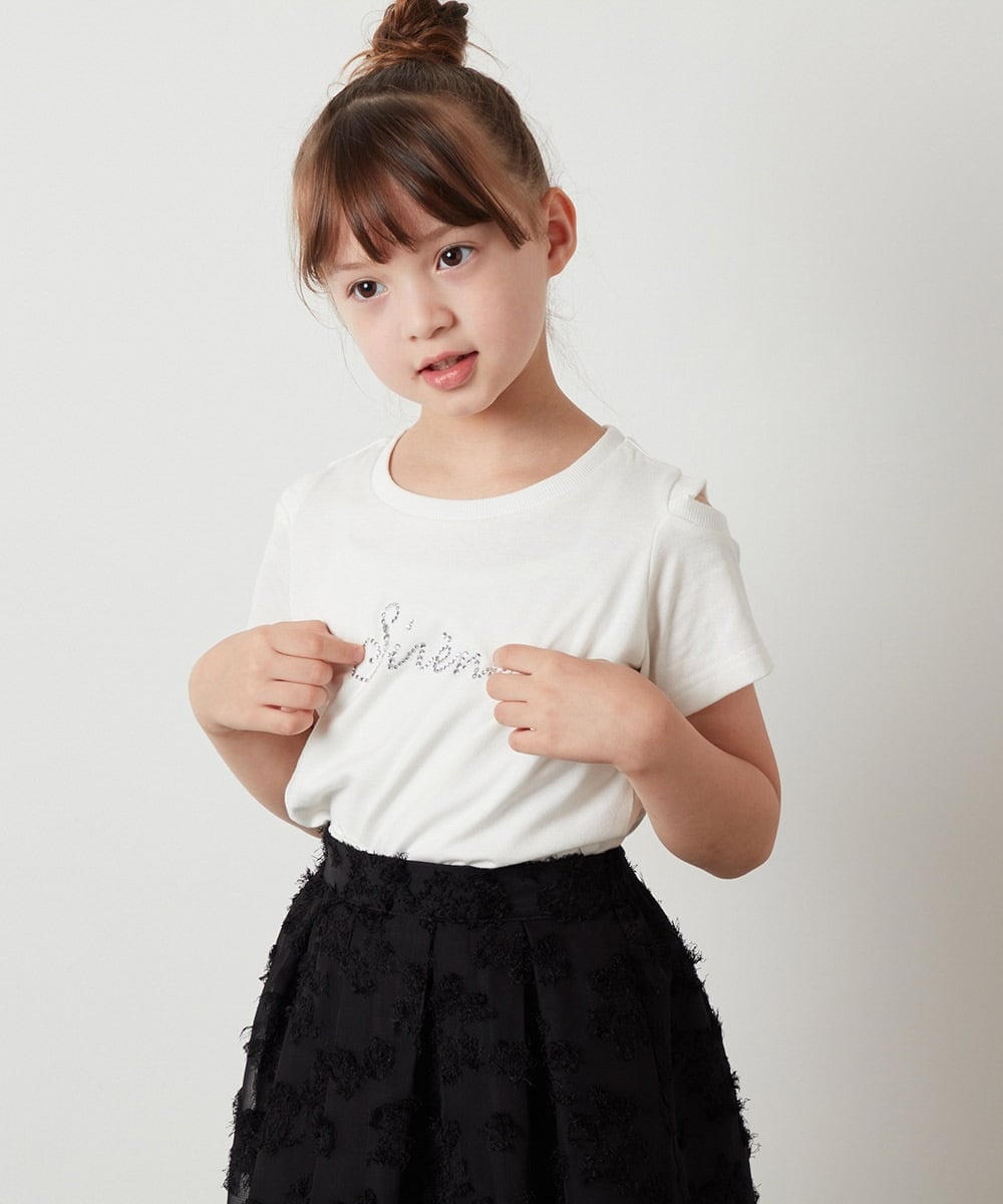 KJKHS26019 a.v.v KIDS(アー・ヴェ・ヴェ) [100-130]ラインストーンロゴオフショルＴシャツ ホワイト