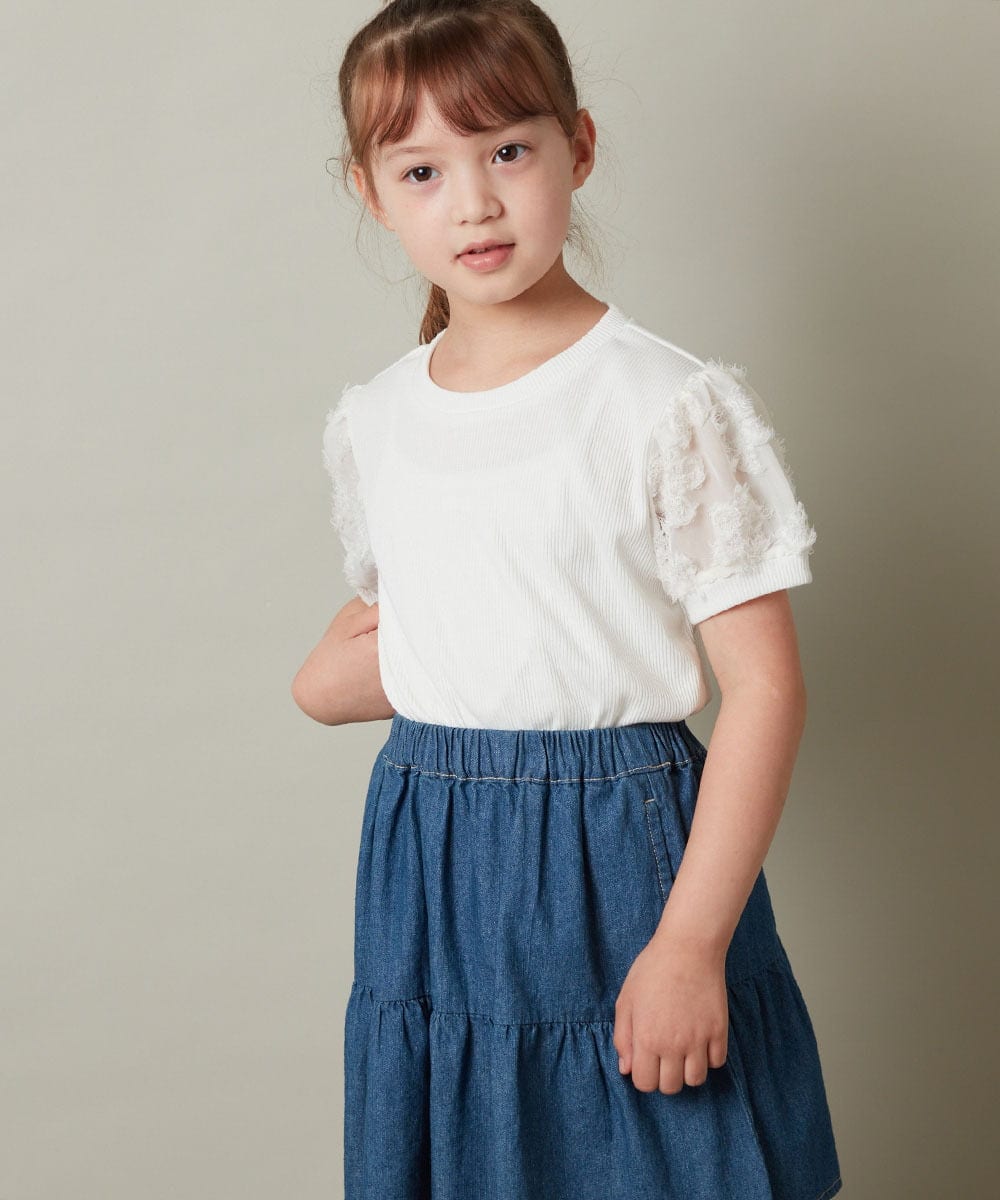 KJKHT20029 a.v.v KIDS(アー・ヴェ・ヴェ) [140-150]【セットアップ対応】パフスリーブ異素材Ｔシャツ ホワイト