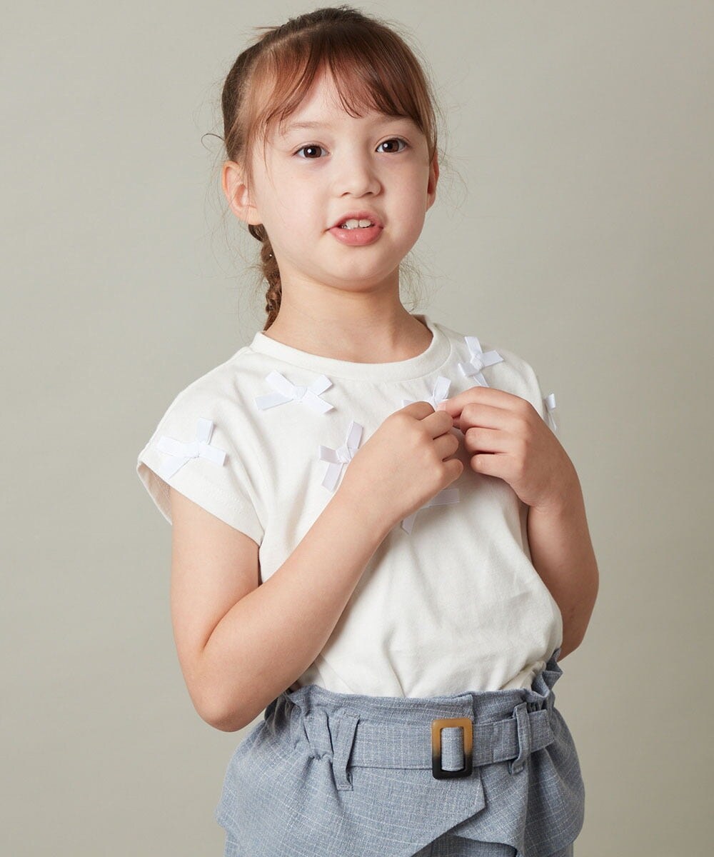 KJKHT24024 a.v.v KIDS(アー・ヴェ・ヴェ) [140-150]プチリボン半袖Ｔシャツ ホワイト