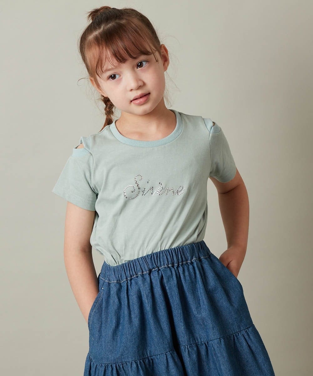 KJKHT26024 a.v.v KIDS(アー・ヴェ・ヴェ) [140-150]ラインストーンロゴオフショルＴシャツ ミント