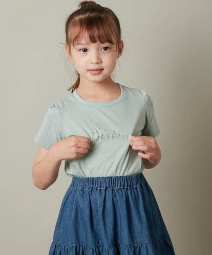 KJKHT26024 a.v.v KIDS [140-150]ラインストーンロゴオフショルＴシャツ