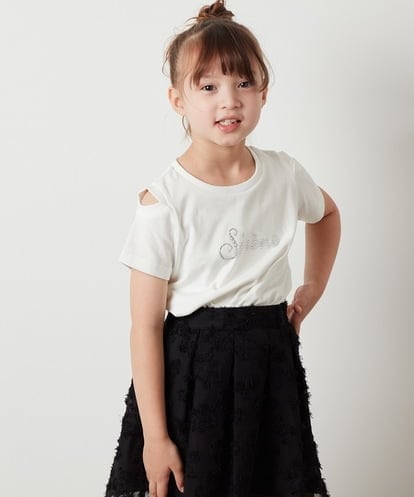 KJKHT26024 a.v.v KIDS [140-150]ラインストーンロゴオフショルＴシャツ