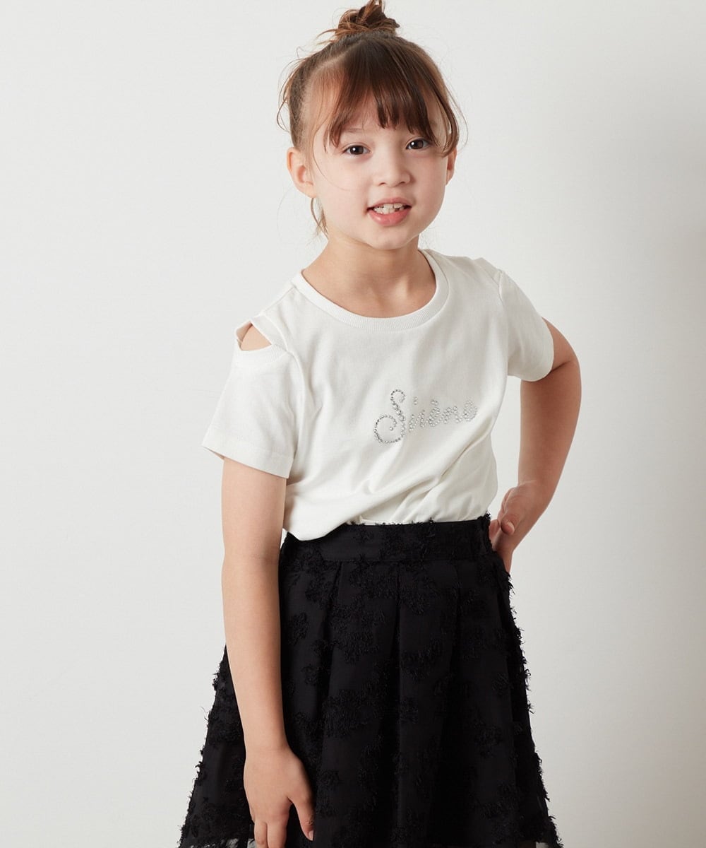 KJKHT26024 a.v.v KIDS(アー・ヴェ・ヴェ) [140-150]ラインストーンロゴオフショルＴシャツ ホワイト