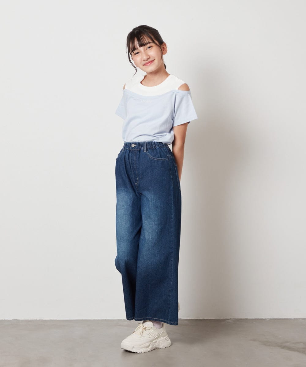 KJKHV27019 a.v.v KIDS(アー・ヴェ・ヴェ) [100-130]【接触冷感】レイヤード風オフショルTシャツ ブラック