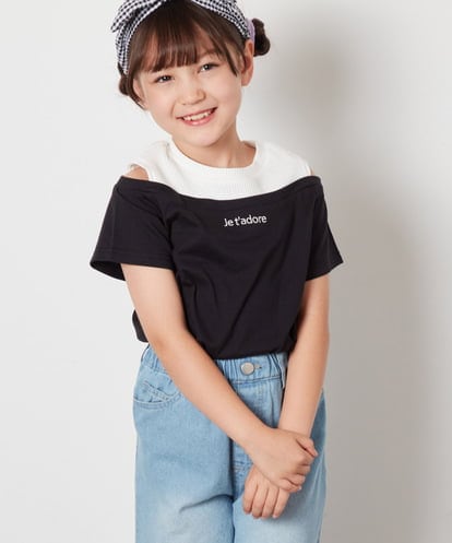 KJKHV27019  [100-130]【接触冷感】レイヤード風オフショルTシャツ