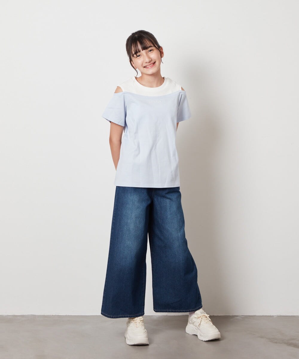 KJKHW27024 a.v.v KIDS(アー・ヴェ・ヴェ) [140-150]【接触冷感】レイヤード風オフショルTシャツ ライトブルー