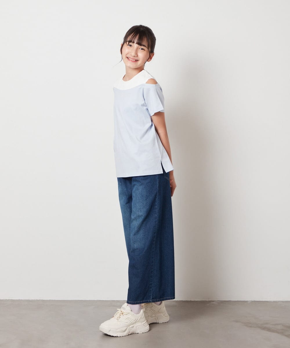 KJKHW27024 a.v.v KIDS(アー・ヴェ・ヴェ) [140-150]【接触冷感】レイヤード風オフショルTシャツ ライトブルー