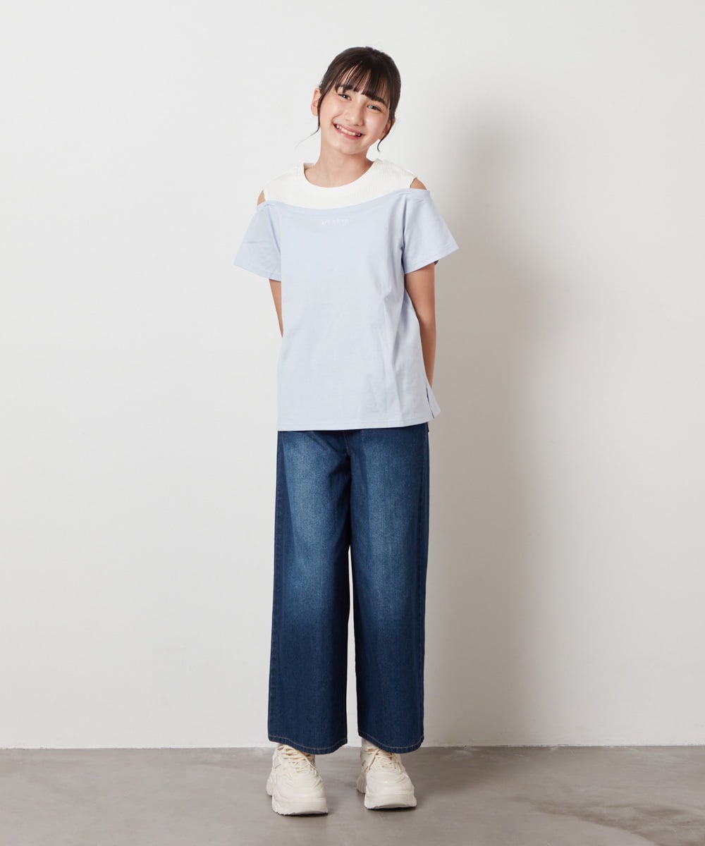 KJKHW27024 a.v.v KIDS(アー・ヴェ・ヴェ) [140-150]【接触冷感】レイヤード風オフショルTシャツ ライトブルー