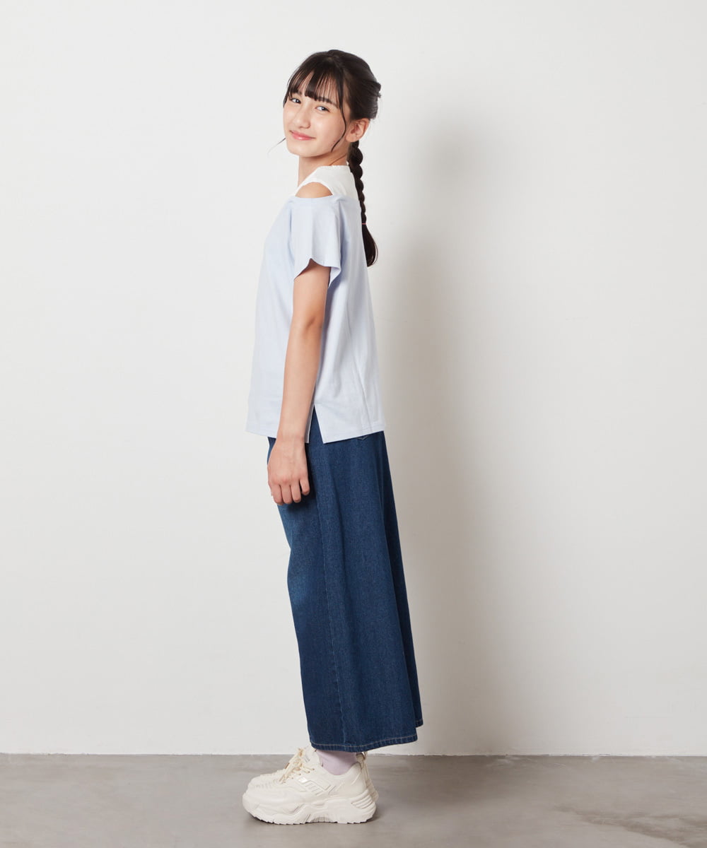 KJKHW27024 a.v.v KIDS(アー・ヴェ・ヴェ) [140-150]【接触冷感】レイヤード風オフショルTシャツ ライトブルー