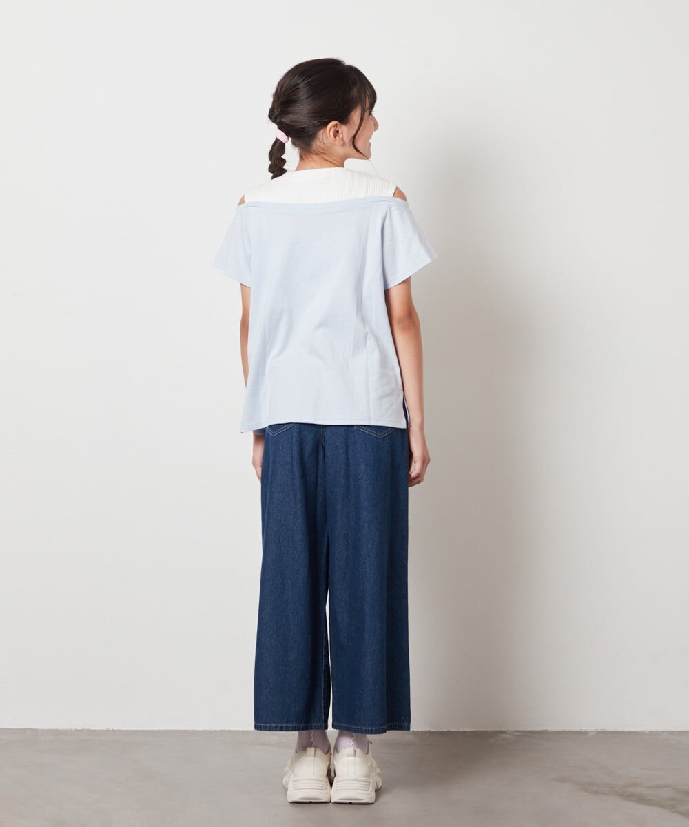 KJKHW27024 a.v.v KIDS(アー・ヴェ・ヴェ) [140-150]【接触冷感】レイヤード風オフショルTシャツ ライトブルー