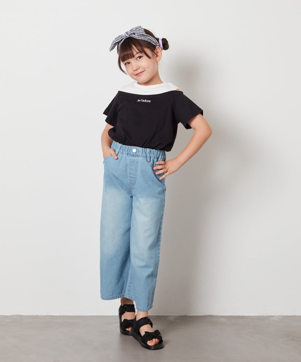 KJKHW27024 a.v.v KIDS(アー・ヴェ・ヴェ) [140-150]【接触冷感】レイヤード風オフショルTシャツ ライトブルー