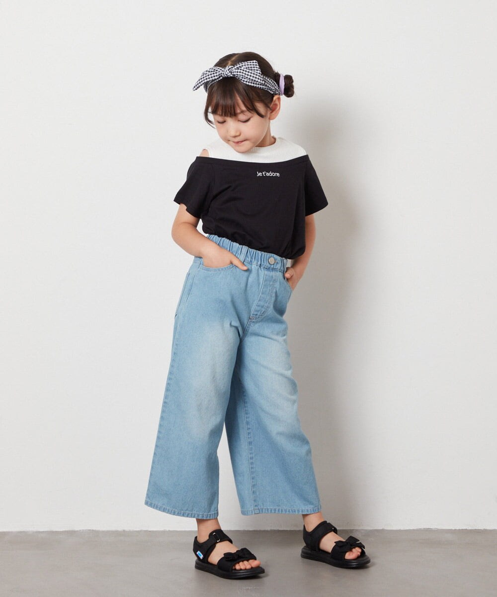 KJKHW27024 a.v.v KIDS(アー・ヴェ・ヴェ) [140-150]【接触冷感】レイヤード風オフショルTシャツ ライトブルー