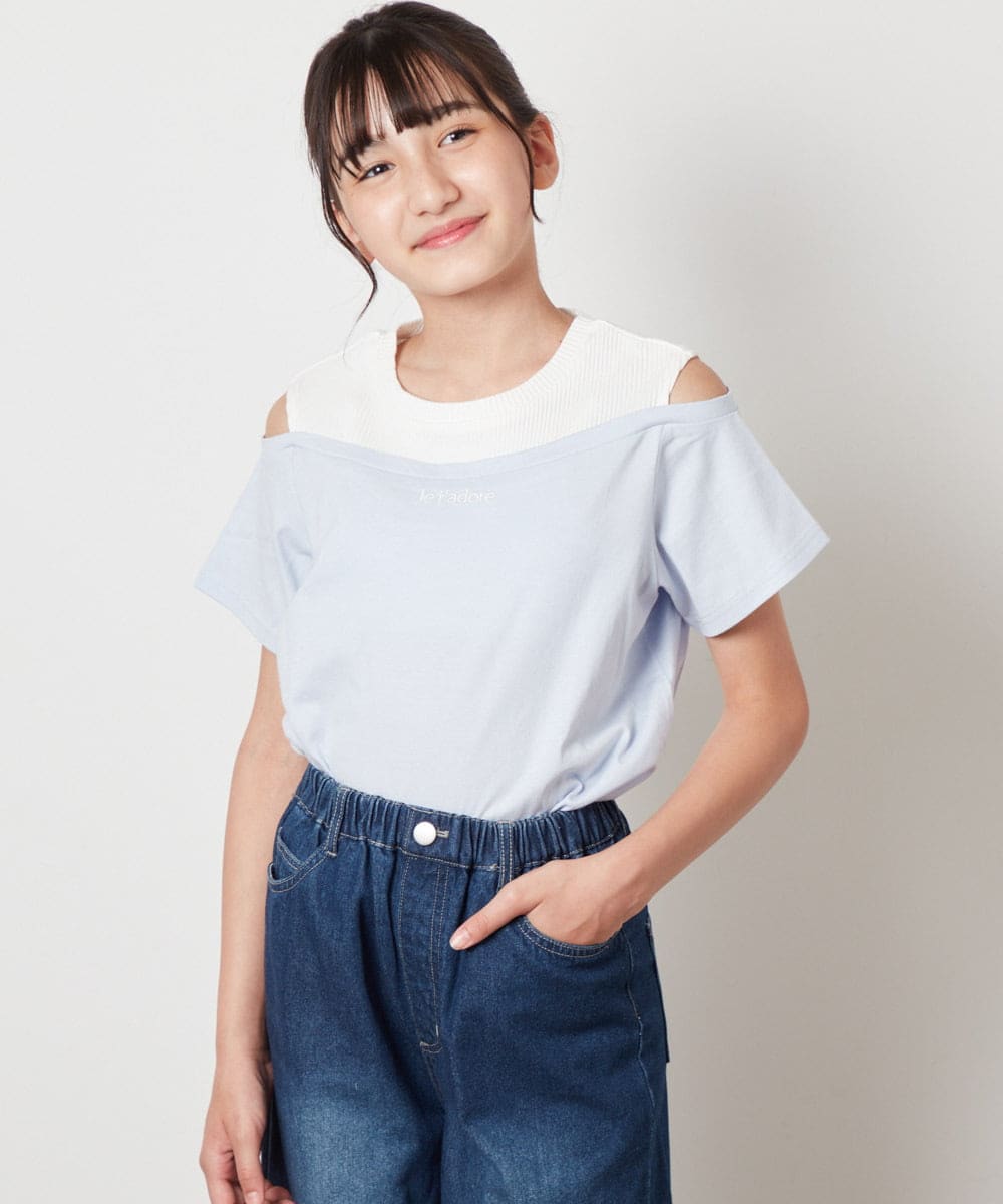KJKHW27024 a.v.v KIDS [140-150]【接触冷感】レイヤード風オフショルTシャツ