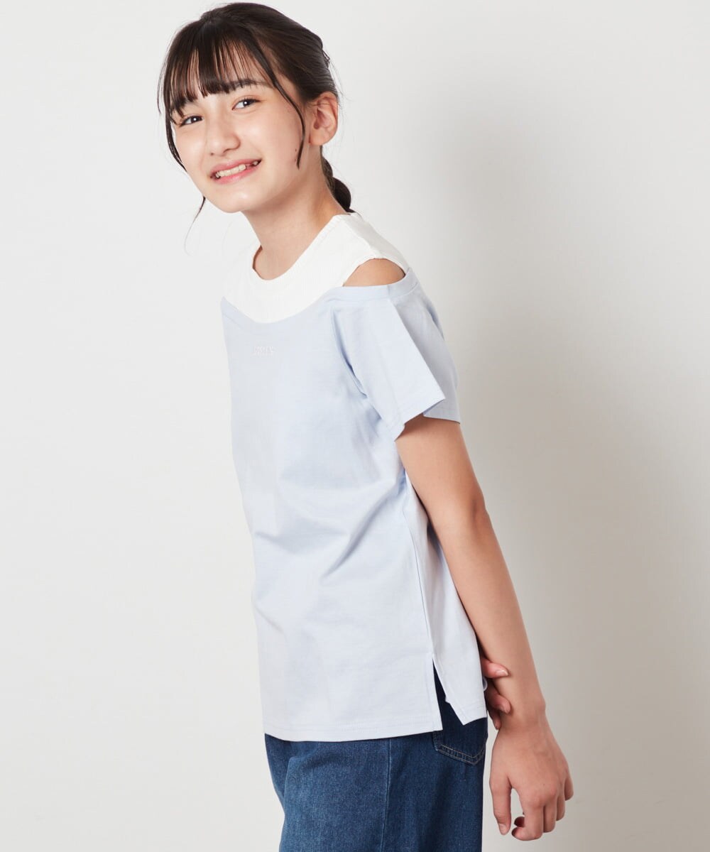 KJKHW27024 a.v.v KIDS(アー・ヴェ・ヴェ) [140-150]【接触冷感】レイヤード風オフショルTシャツ ライトブルー