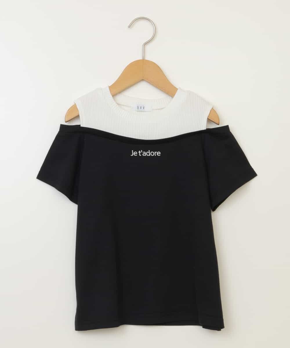 KJKHW27024 a.v.v KIDS(アー・ヴェ・ヴェ) [140-150]【接触冷感】レイヤード風オフショルTシャツ ブラック