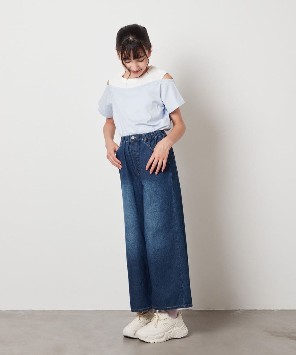 KJKHX27029 a.v.v KIDS(アー・ヴェ・ヴェ) [160]【接触冷感】レイヤード風オフショルTシャツ ライトブルー