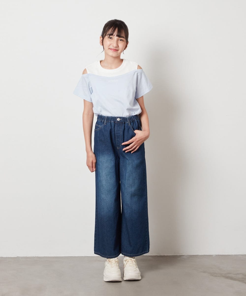 KJKHX27029 a.v.v KIDS(アー・ヴェ・ヴェ) [160]【接触冷感】レイヤード風オフショルTシャツ ライトブルー