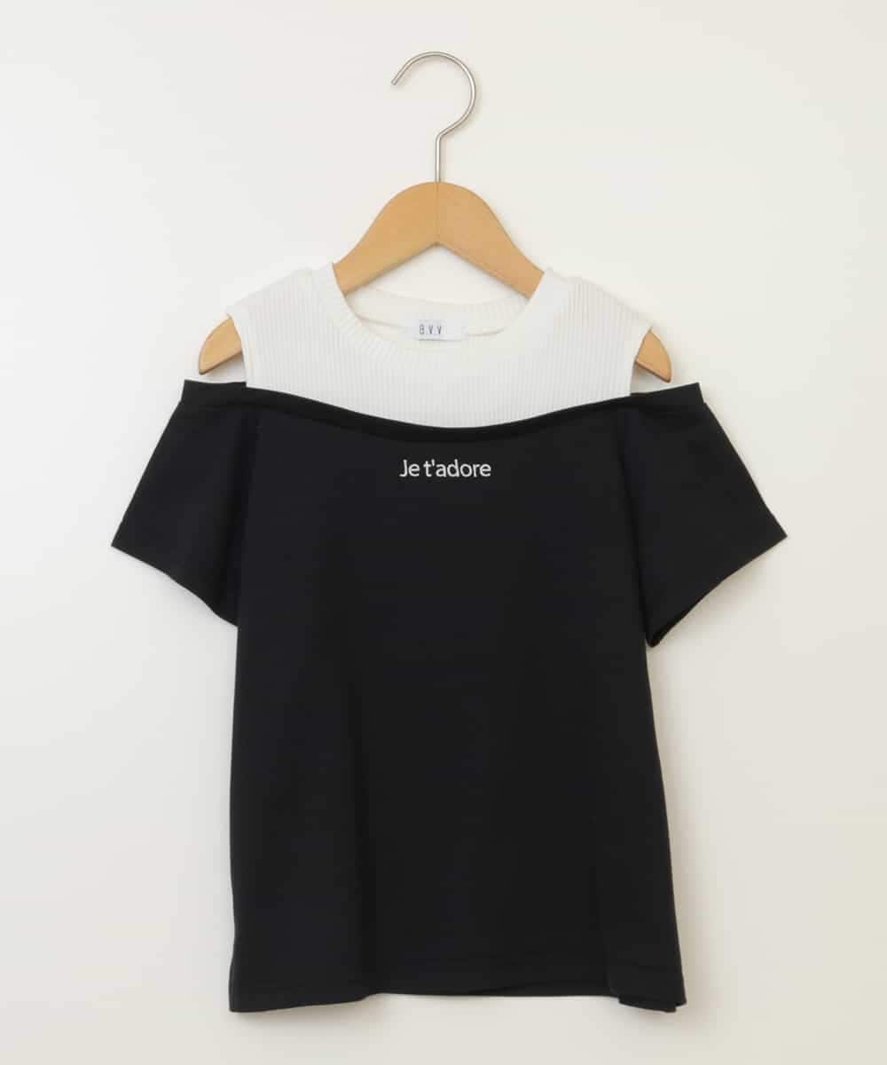 KJKHX27029 a.v.v KIDS(アー・ヴェ・ヴェ) [160]【接触冷感】レイヤード風オフショルTシャツ ブラック